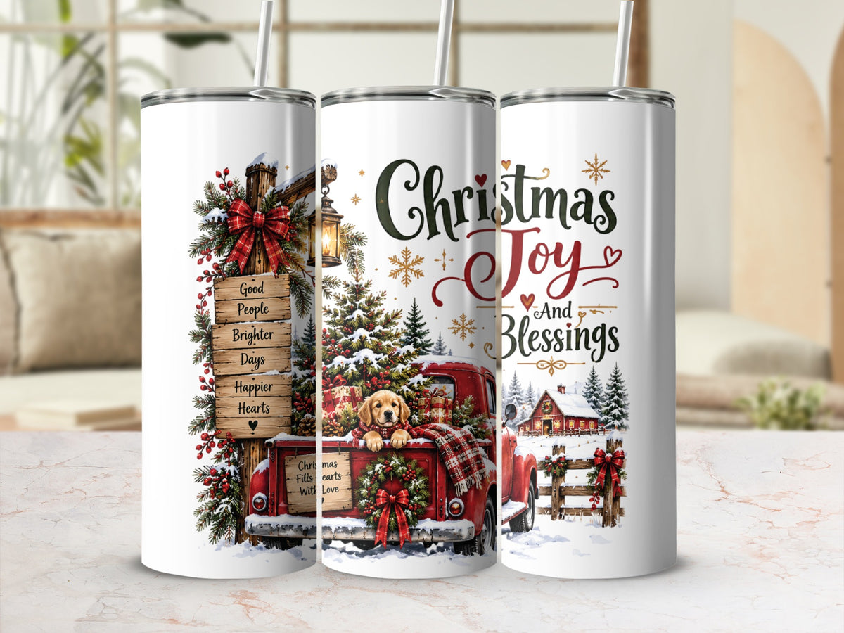 Three white travel tumblers featuring a Christmas design with a red truck, puppy, and holiday text.