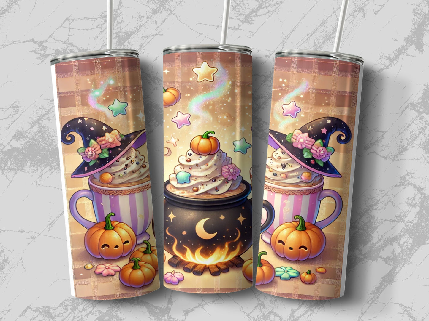 Three tumblers with halloween-themed witch hat and pumpkin hot chocolate designs.