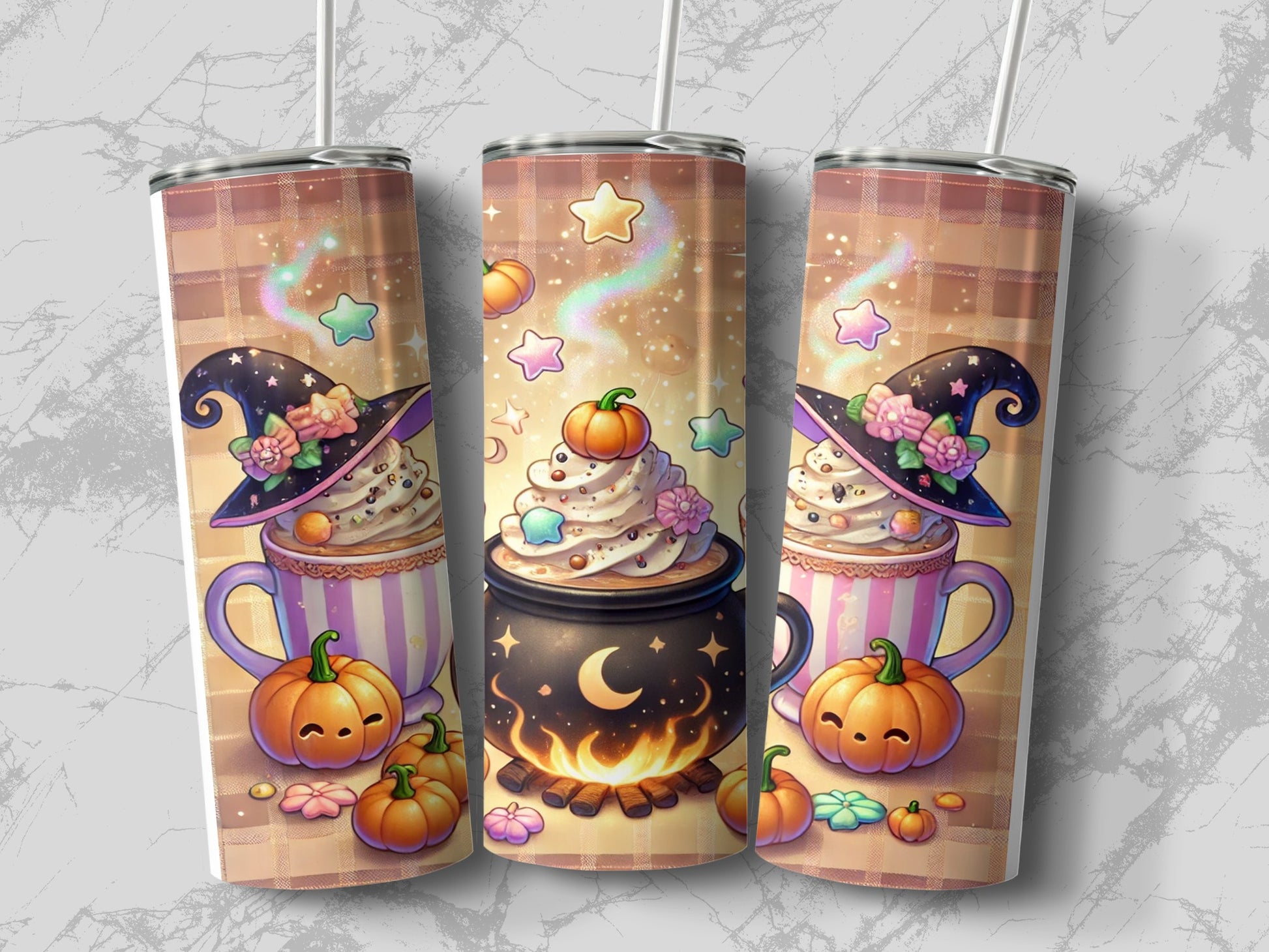 Three tumblers with halloween-themed witch hat and pumpkin hot chocolate designs.