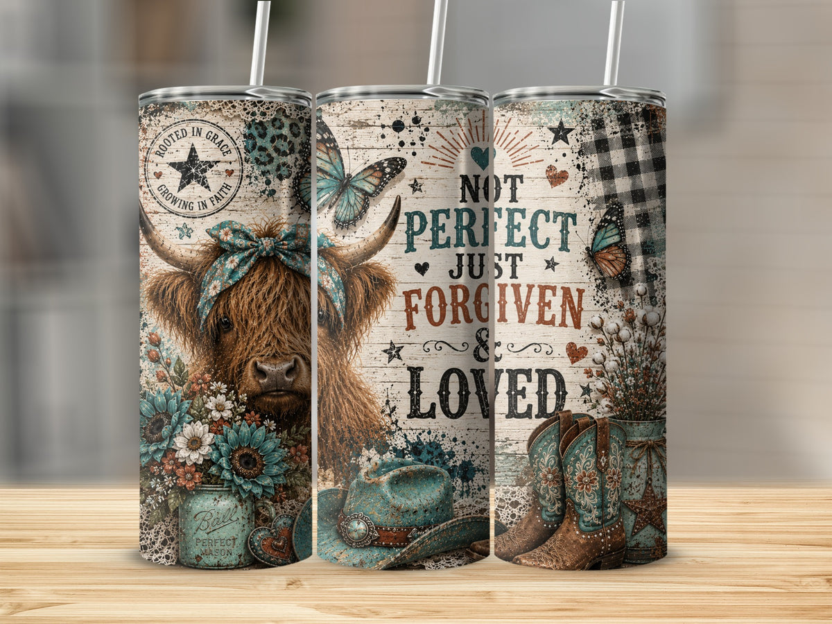 Three tall tumblers with white straws display a rustic design featuring a Highland cow, cowboy boots, and text.