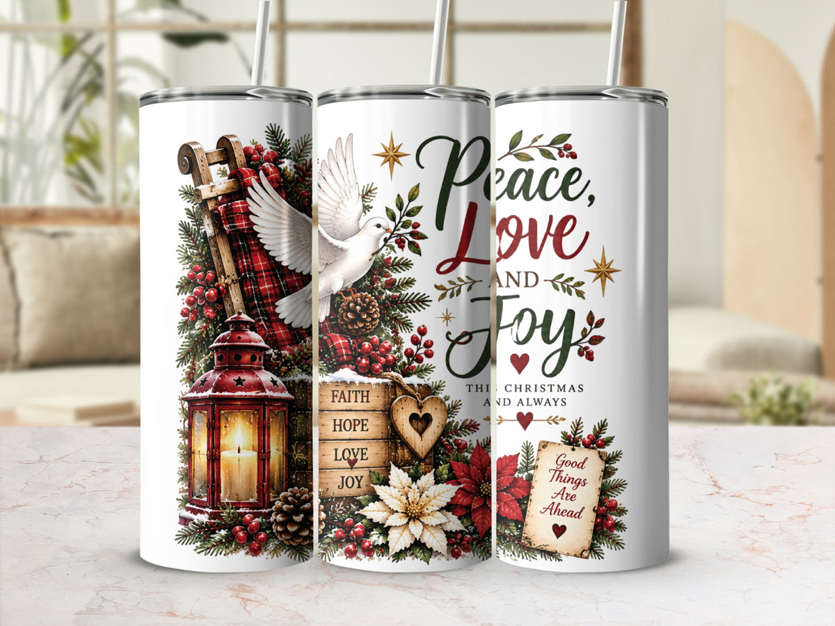 Three tall white travel tumblers featuring Christmas designs with a dove, lantern, and the text Peace Love And Joy.