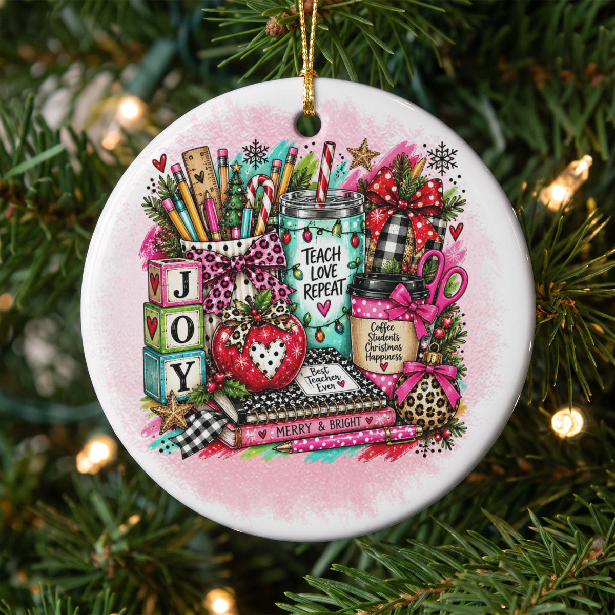 Round ornament with school and holiday icons, text "Teach Love Repeat".