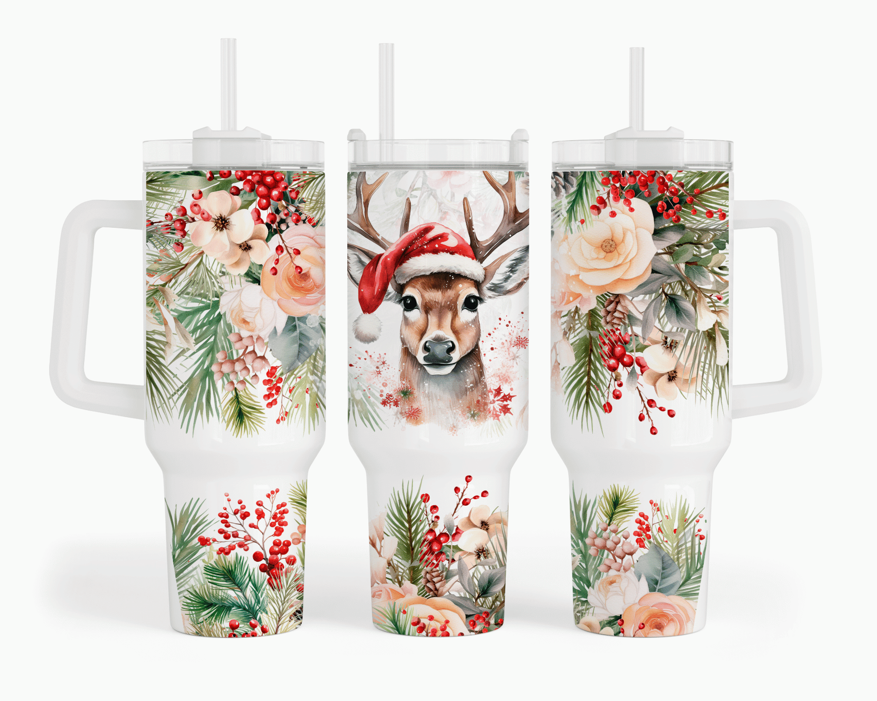 Three views of a white handled tumbler with a clear lid and straw, decorated with a festive Christmas watercolor print featuring a deer in a Santa hat, flowers, pine branches, and red berries.