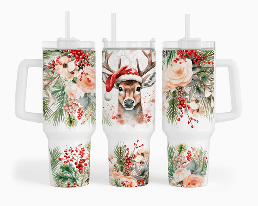 Three views of a white handled tumbler with a clear lid and straw, decorated with a festive Christmas watercolor print featuring a deer in a Santa hat, flowers, pine branches, and red berries.