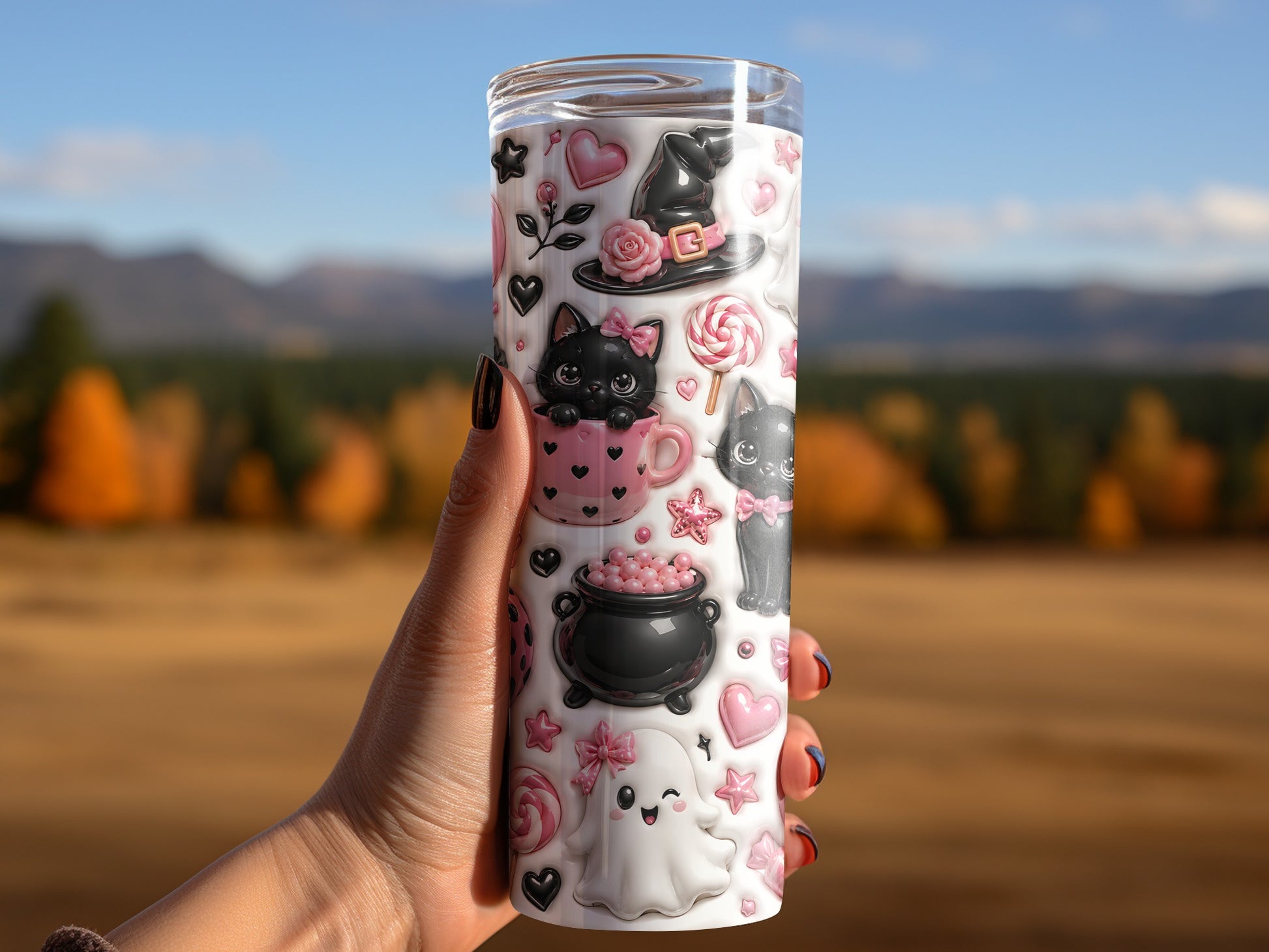 Tumbler with cute Halloween cats, ghost, witch hat, and candy design.