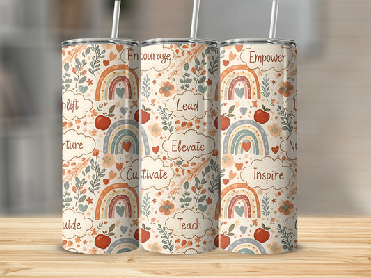Three tumblers with rainbow and floral designs, featuring words like "Encourage" and "Empower."