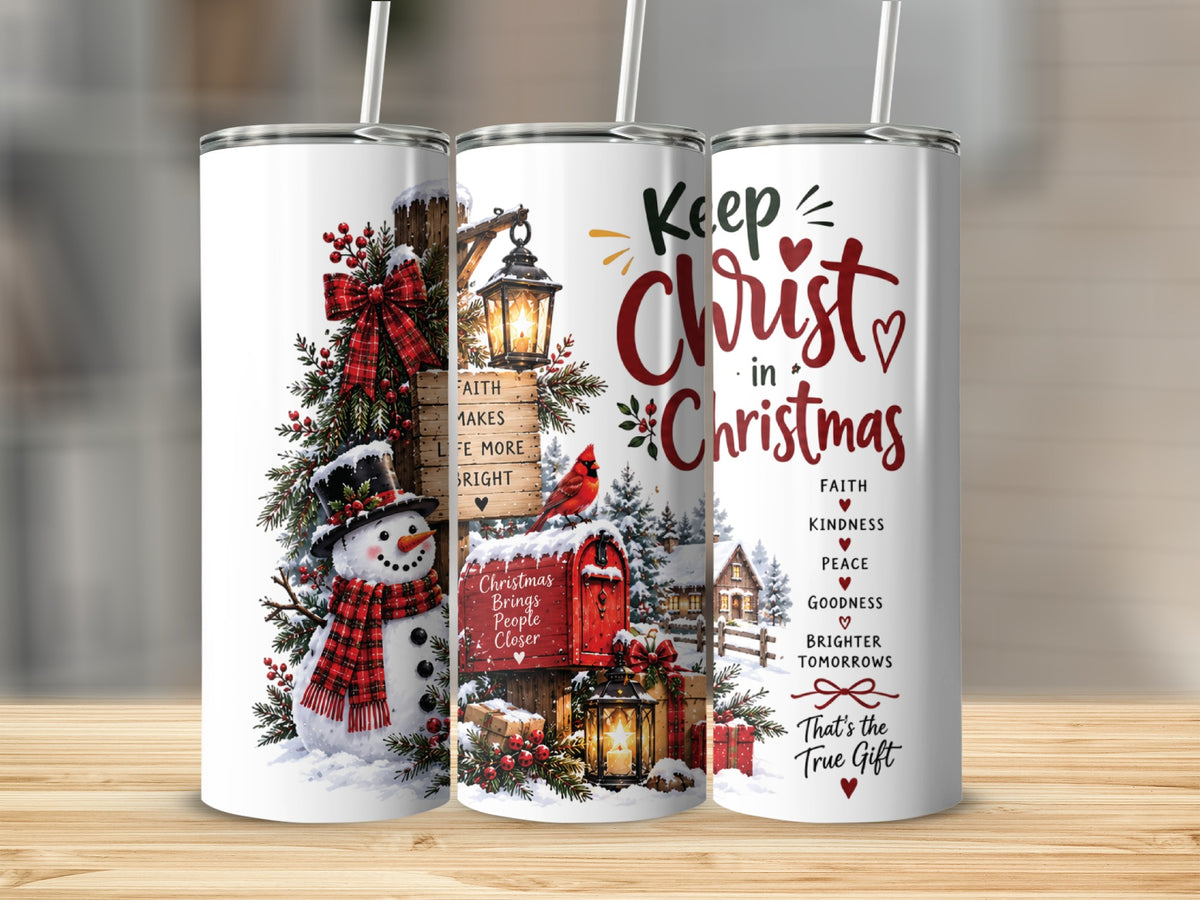Three white tumblers with Christmas designs featuring a snowman, a red mailbox, and holiday text.