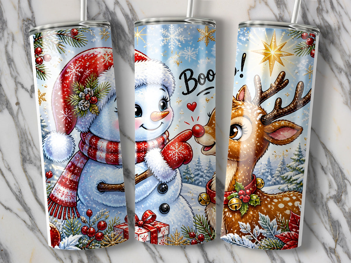 Three white tumblers with a winter holiday wrap featuring a snowman, a reindeer, and falling snow.