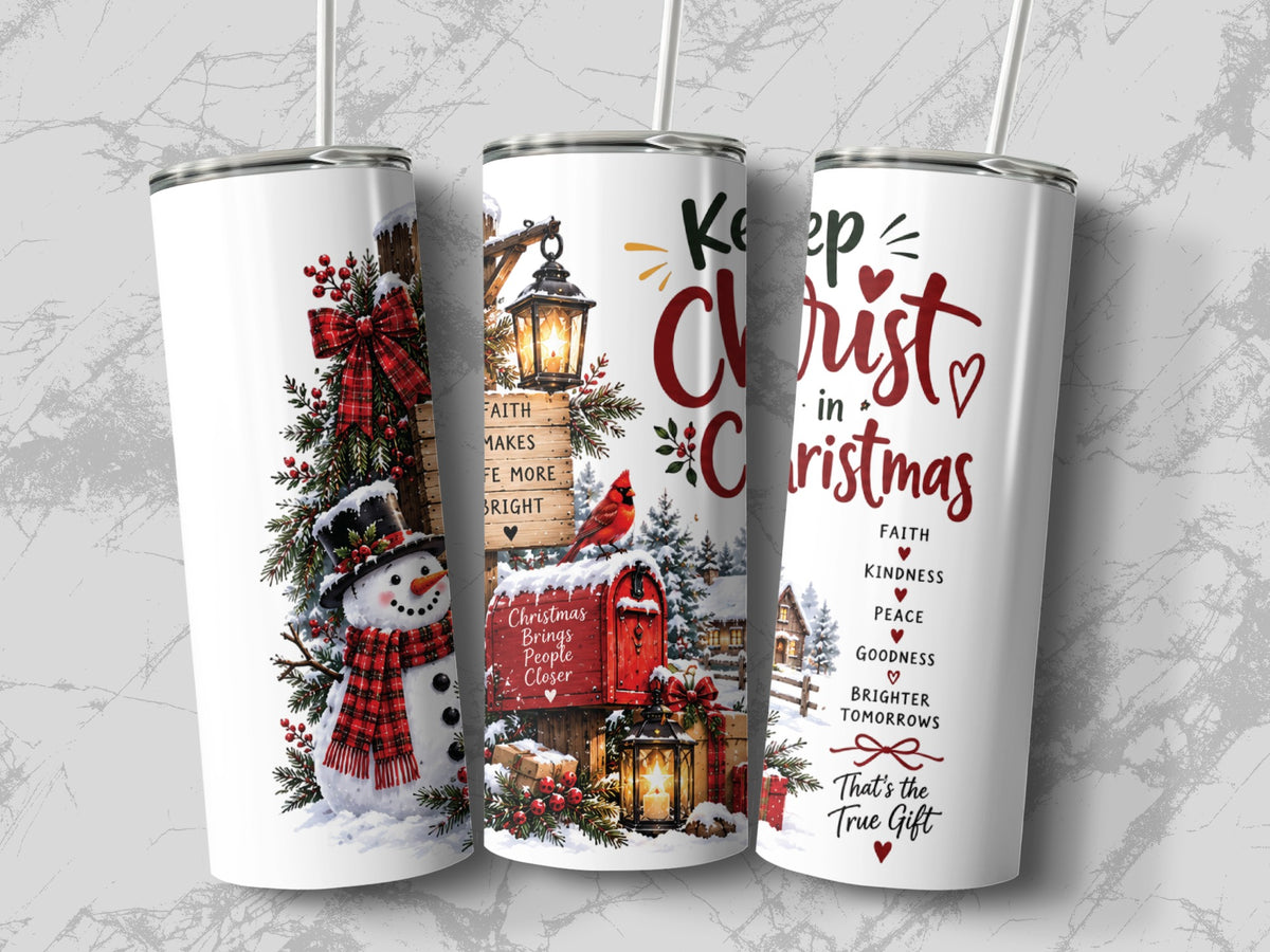 Three cylindrical white tumblers featuring a Christmas design with a snowman, red mailbox, cardinals, and holiday text.