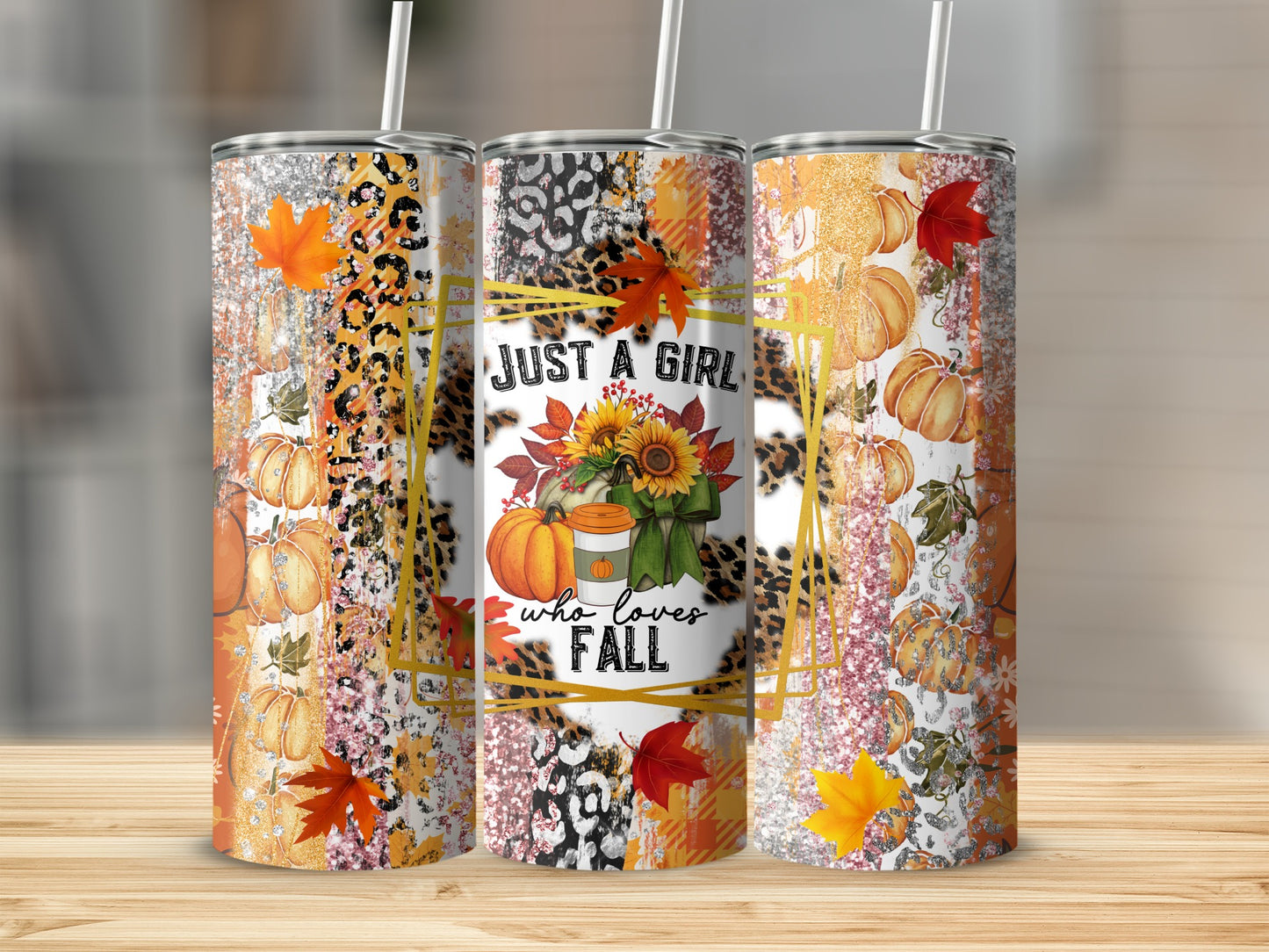 Tumbler with pumpkins, sunflowers, and "Just a girl who loves Fall" text.