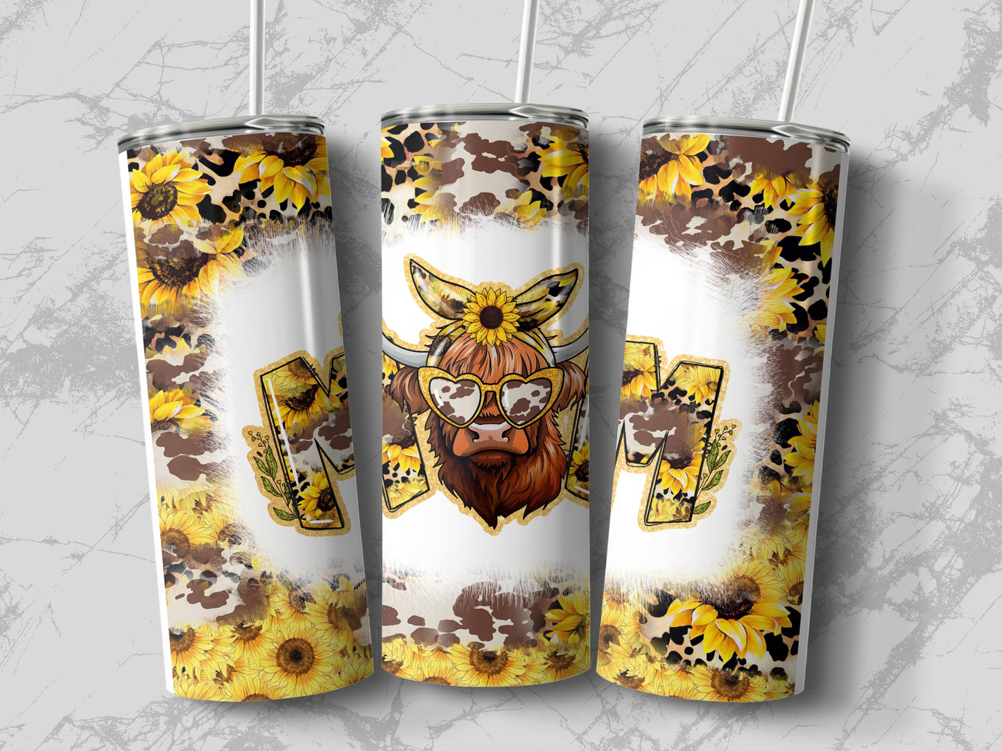 Sunflower Highland Cow Tumbler with Heart Glasses Design