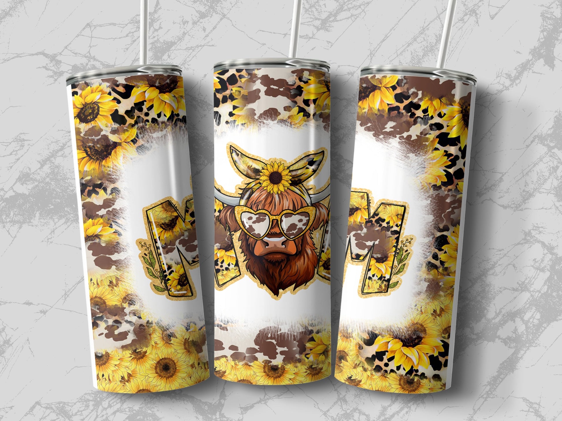 Sunflower Highland Cow Tumbler with Heart Glasses Design