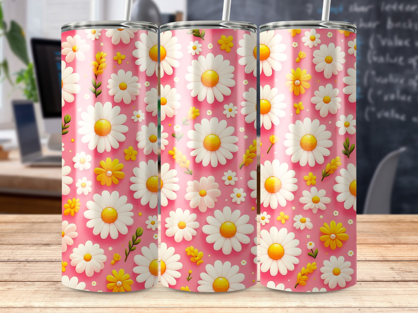 Pink background with repeating pattern of white daisies and yellow flowers.