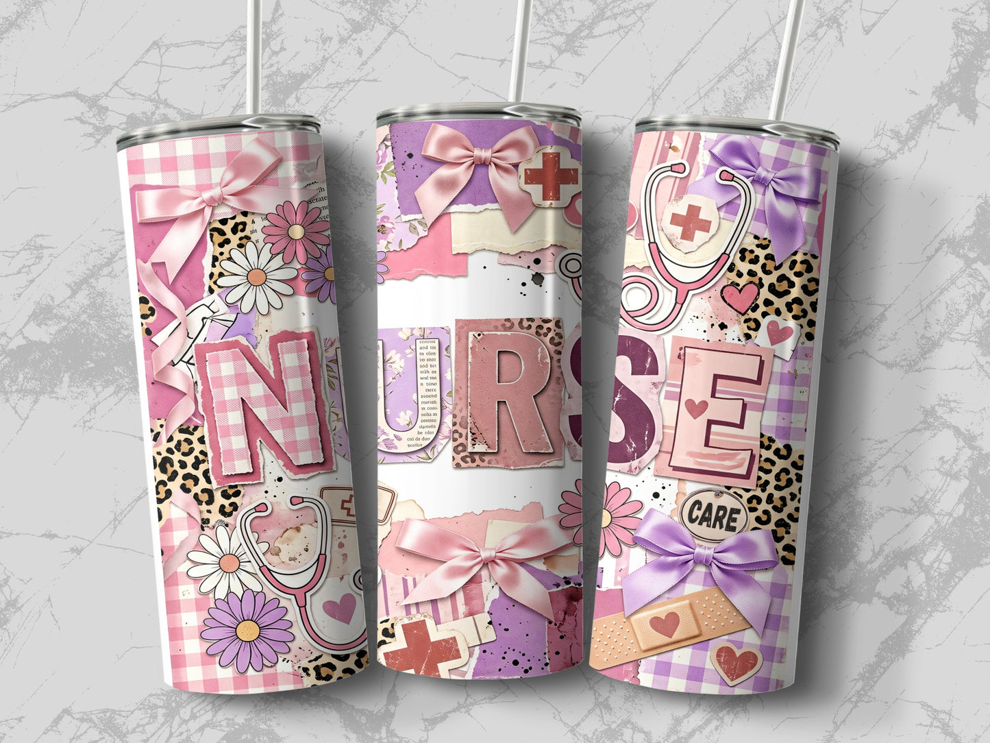 Nurse tumbler with medical symbols, flowers, bows, and leopard print.