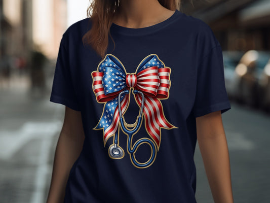 Navy t-shirt with a red, white, and blue ribbon bow featuring a stethoscope.