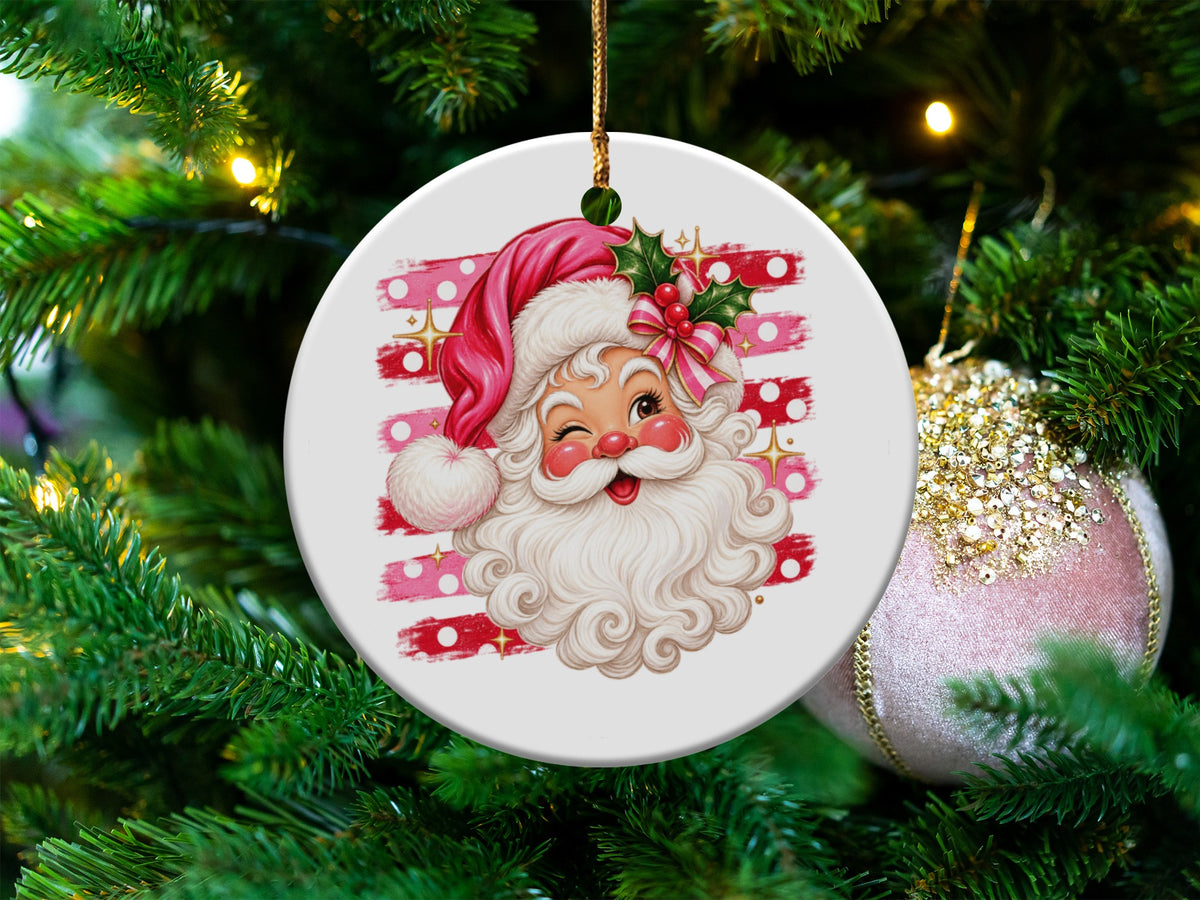 Winking Santa Claus Christmas ornament on a decorated tree.