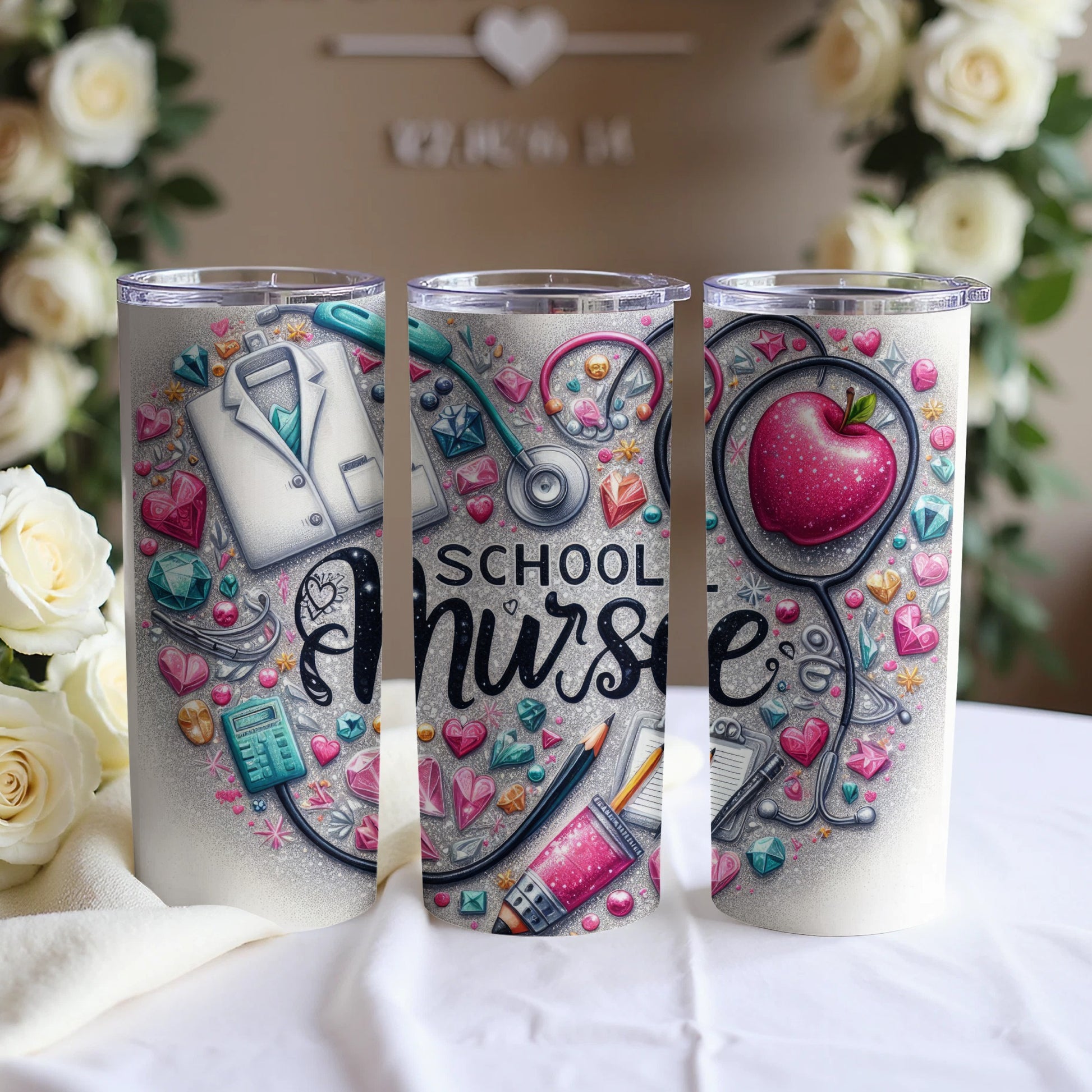 Tumbler with medical school theme artwork including stethoscope, apple, and calculator.