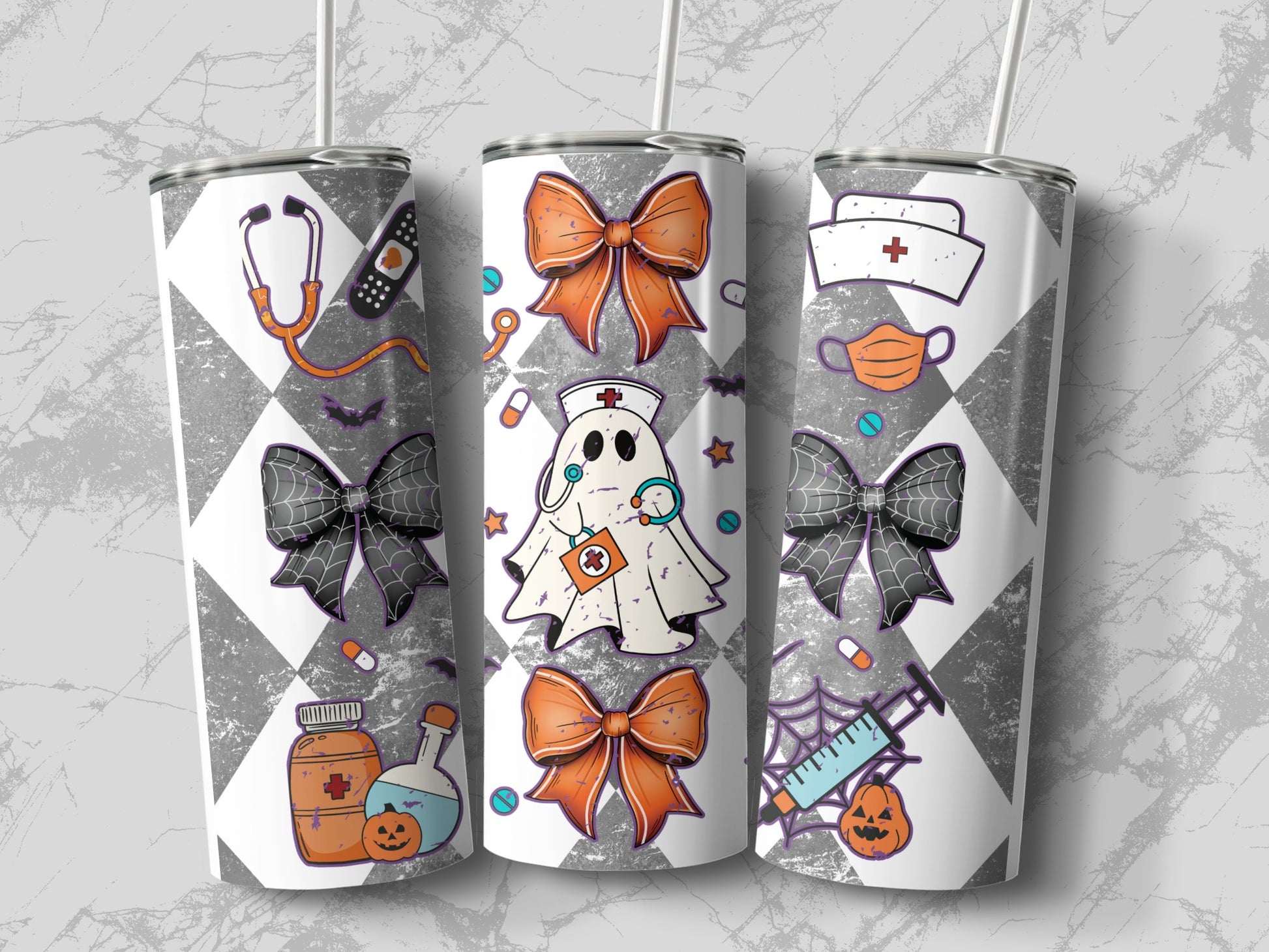 Three tumblers with gray and white diamond pattern and Halloween-themed medical graphics.