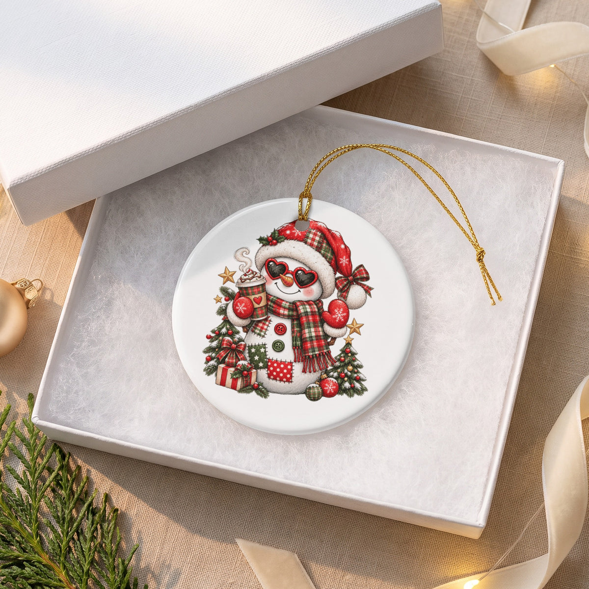 Round snowman ornament with heart sunglasses holding coffee, surrounded by gifts and trees.