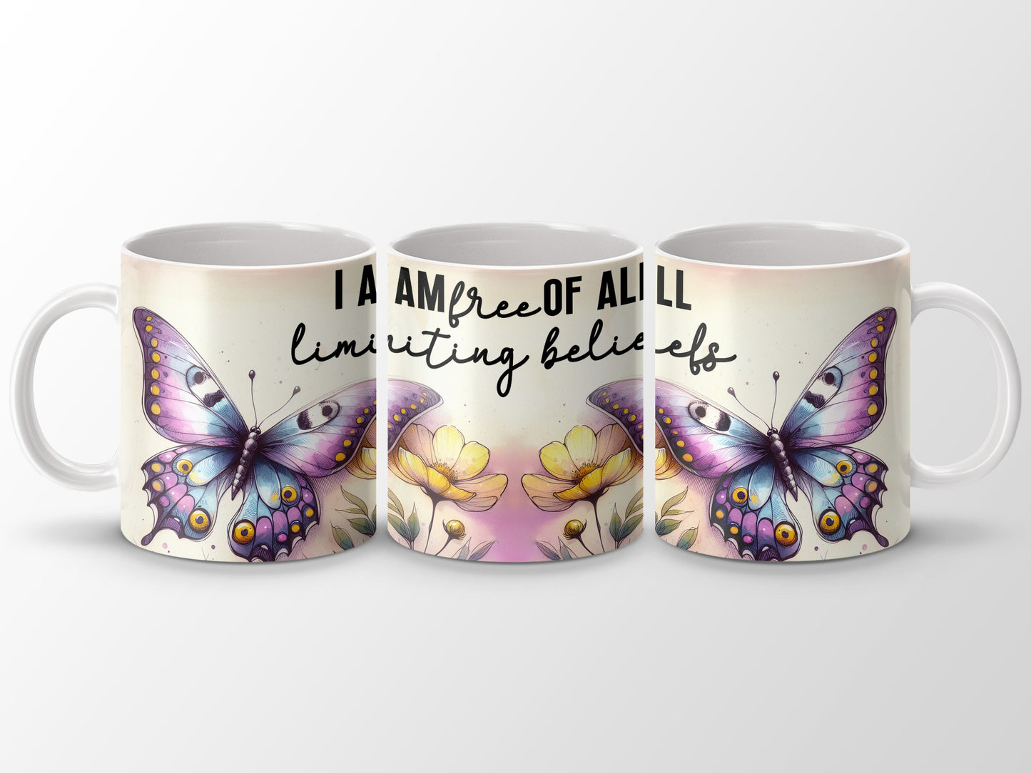 I AM FREE OF ALL limiting beliefs butterfly flowers mug product type
butterfly mug, inspirational quote, positive affirmation, freedom design, limiting beliefs, floral pattern, flower mug, nature inspired, colorful butterfly, unique gift, coffee mug, tea cup, drinkware, empowerment, mental wellness, butterfly art, aesthetic mug, spiritual mug, daily reminder, self-love gift