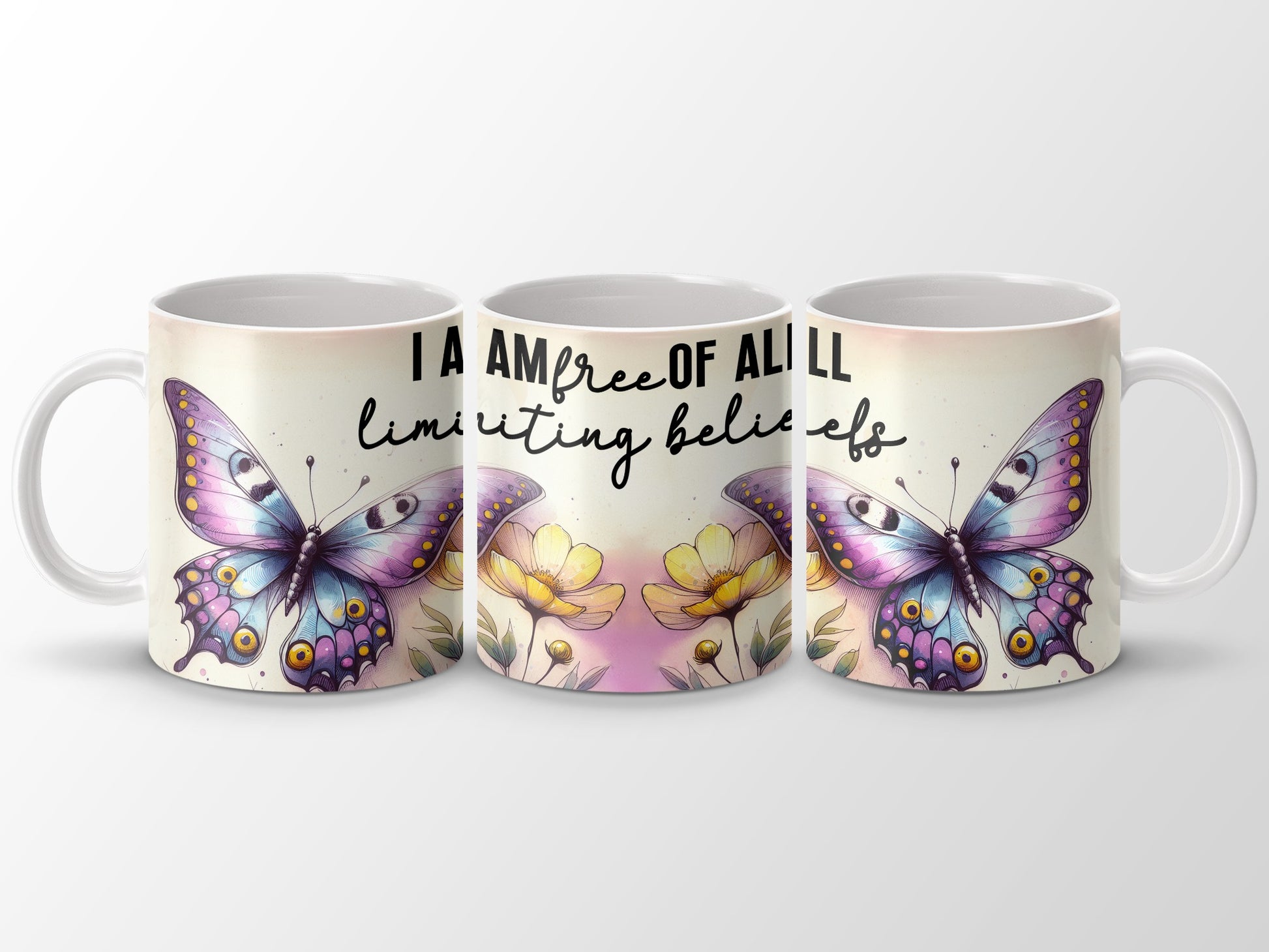 I AM FREE OF ALL limiting beliefs butterfly flowers mug product type
butterfly mug, inspirational quote, positive affirmation, freedom design, limiting beliefs, floral pattern, flower mug, nature inspired, colorful butterfly, unique gift, coffee mug, tea cup, drinkware, empowerment, mental wellness, butterfly art, aesthetic mug, spiritual mug, daily reminder, self-love gift