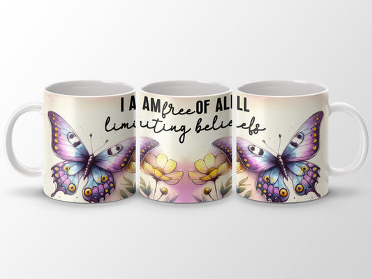I AM FREE OF ALL limiting beliefs butterfly flowers mug product type
butterfly mug, inspirational quote, positive affirmation, freedom design, limiting beliefs, floral pattern, flower mug, nature inspired, colorful butterfly, unique gift, coffee mug, tea cup, drinkware, empowerment, mental wellness, butterfly art, aesthetic mug, spiritual mug, daily reminder, self-love gift