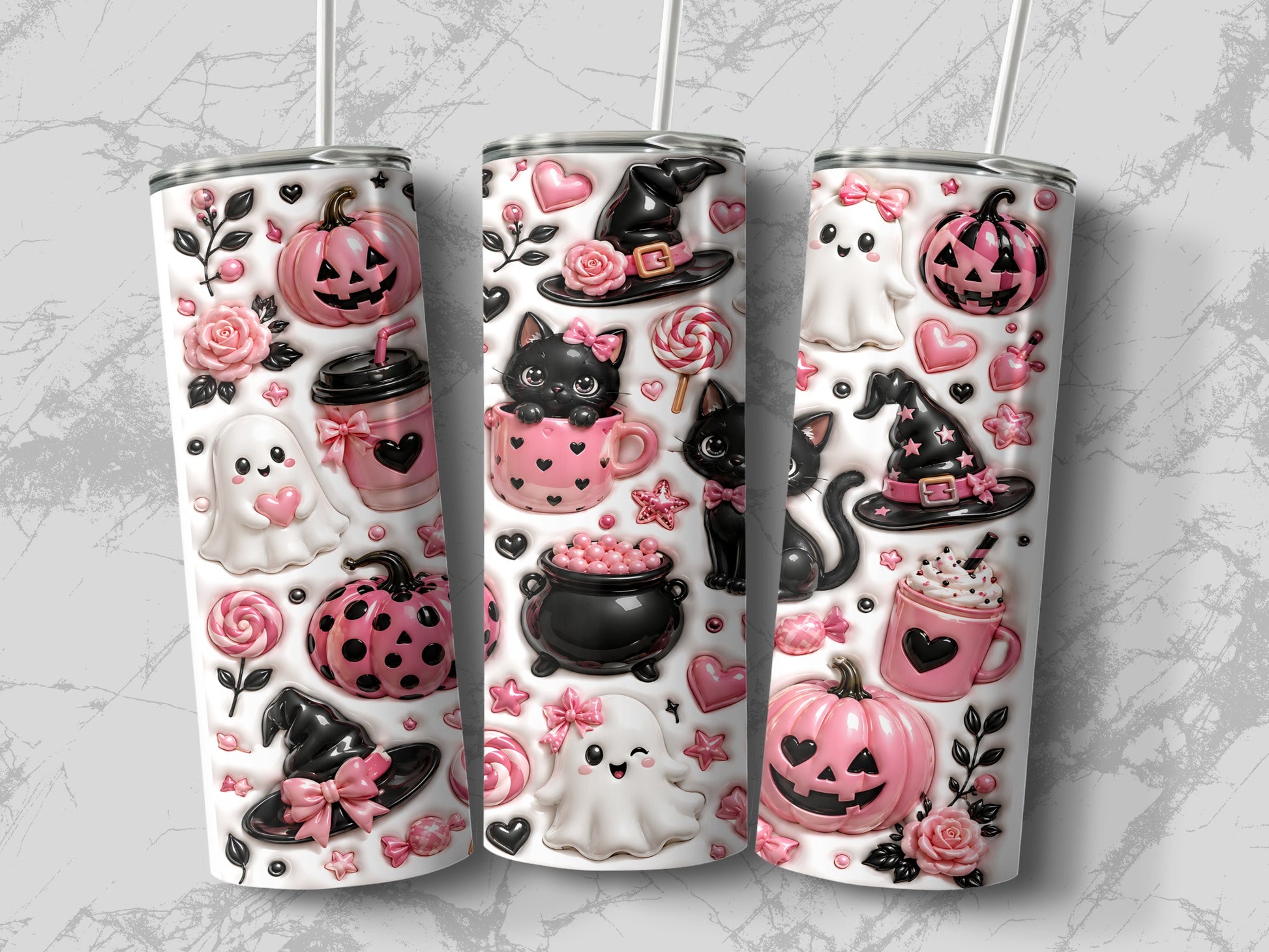 Halloween-themed tumbler with pink pumpkins, ghosts, black cats, and witch hats.
