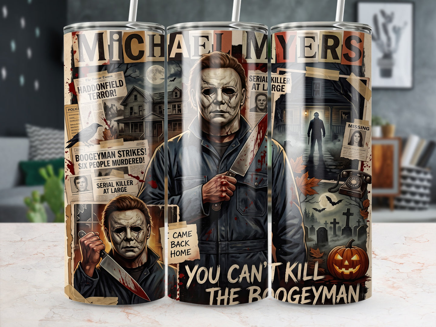 Michael Myers holding a bloody knife on a tumbler with newspaper headlines.