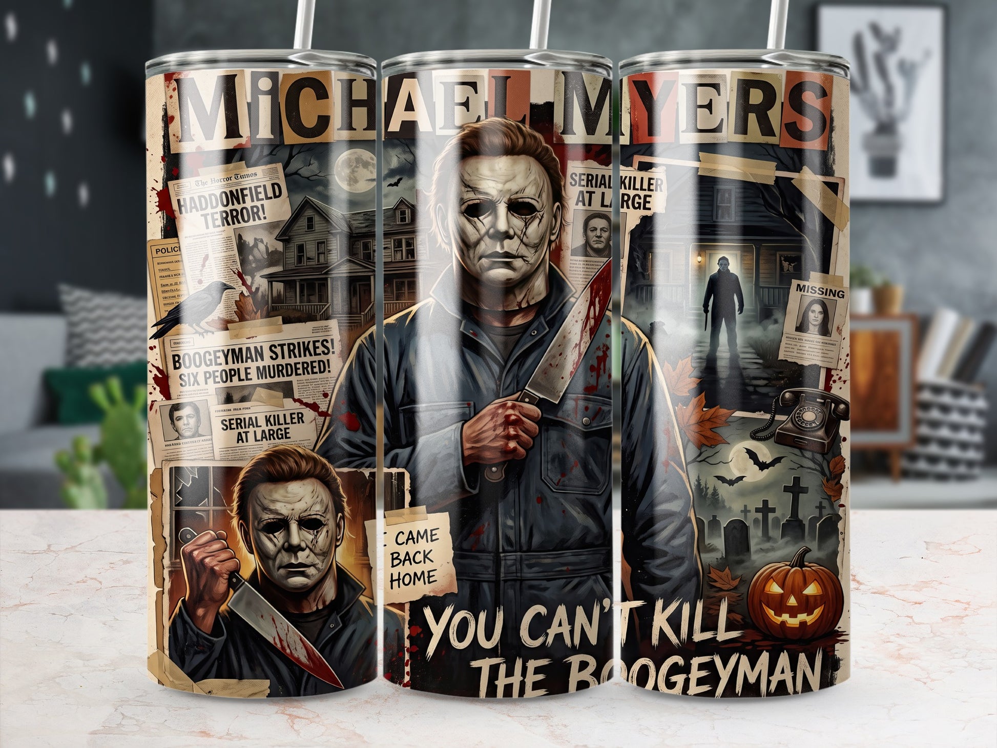Michael Myers holding a bloody knife on a tumbler with newspaper headlines.