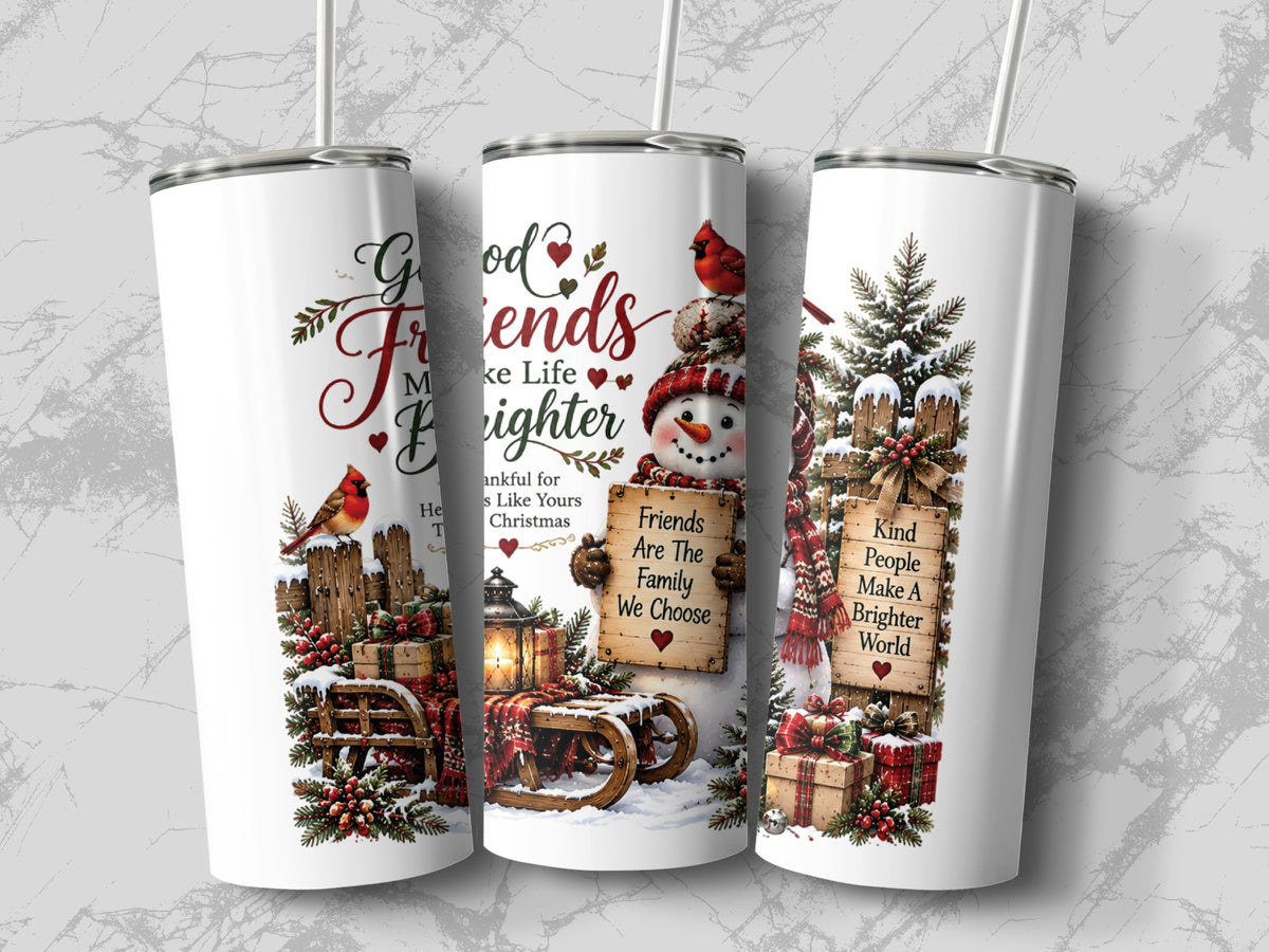 Three white skinny tumblers with straws feature a winter design including snowmen, cardinals, sleds, and friendship quotes.