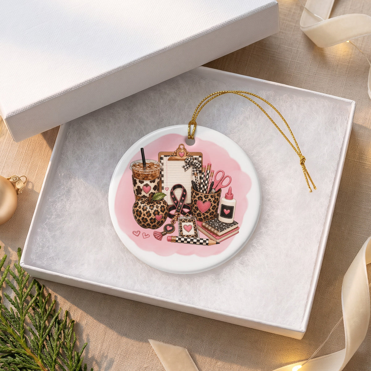 Round ornament with teacher-themed illustrations including a coffee cup, apple, and school supplies.
