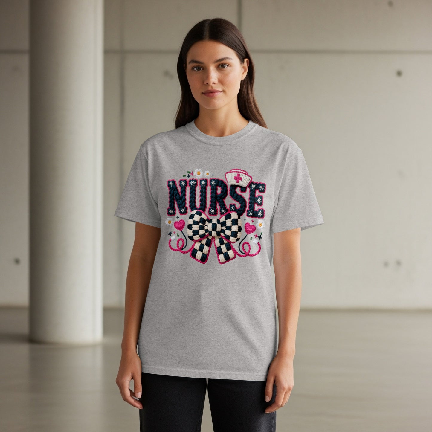 Gray t-shirt with "Nurse" text, stethoscope, flowers, and checkered bow.