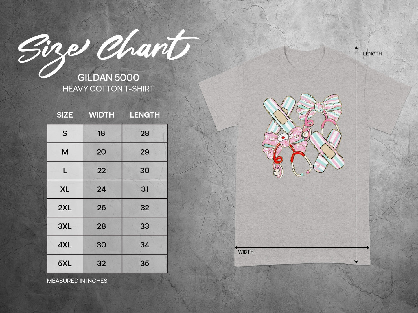 Gildan 5000 Heavy Cotton T-shirt size chart with width and length measurements.