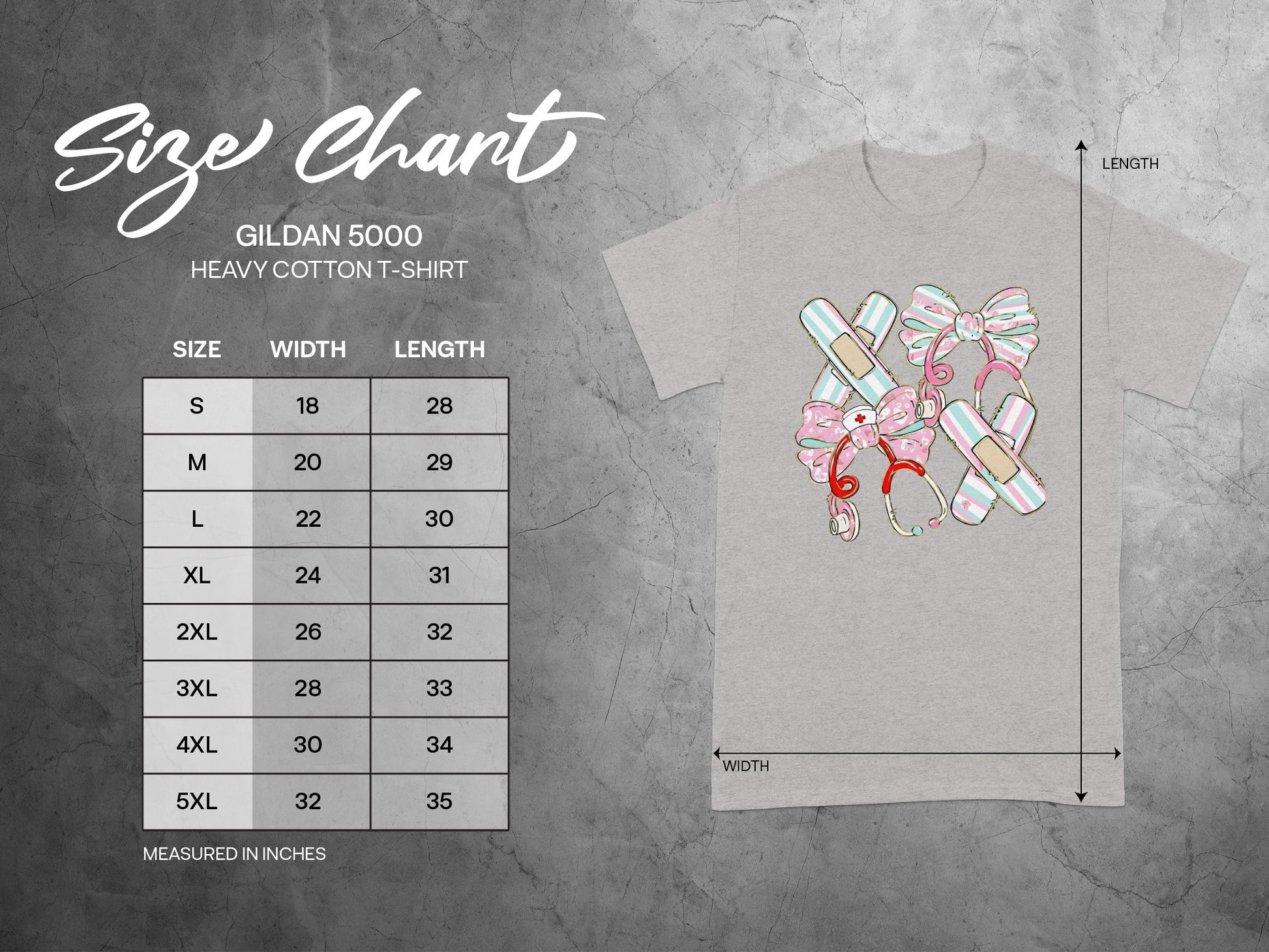 Gildan 5000 Heavy Cotton T-shirt size chart with width and length measurements.