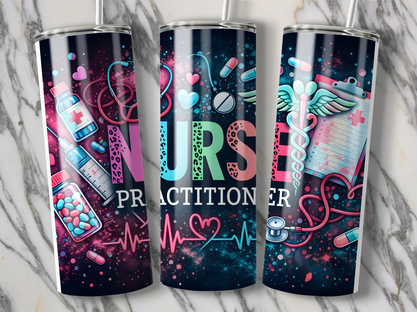 Nurse Practitioner tumbler with medical icons and vibrant abstract design.