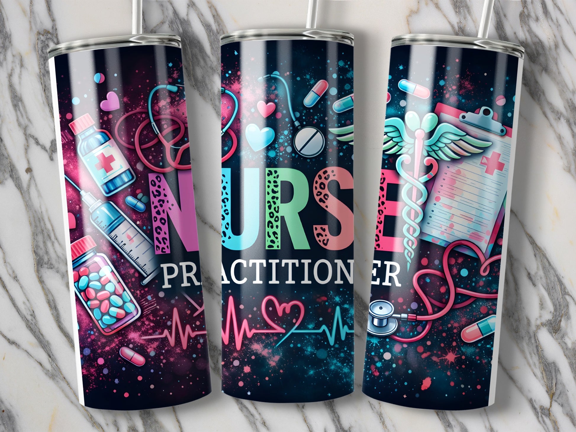 Nurse Practitioner tumbler with medical icons and vibrant abstract design.