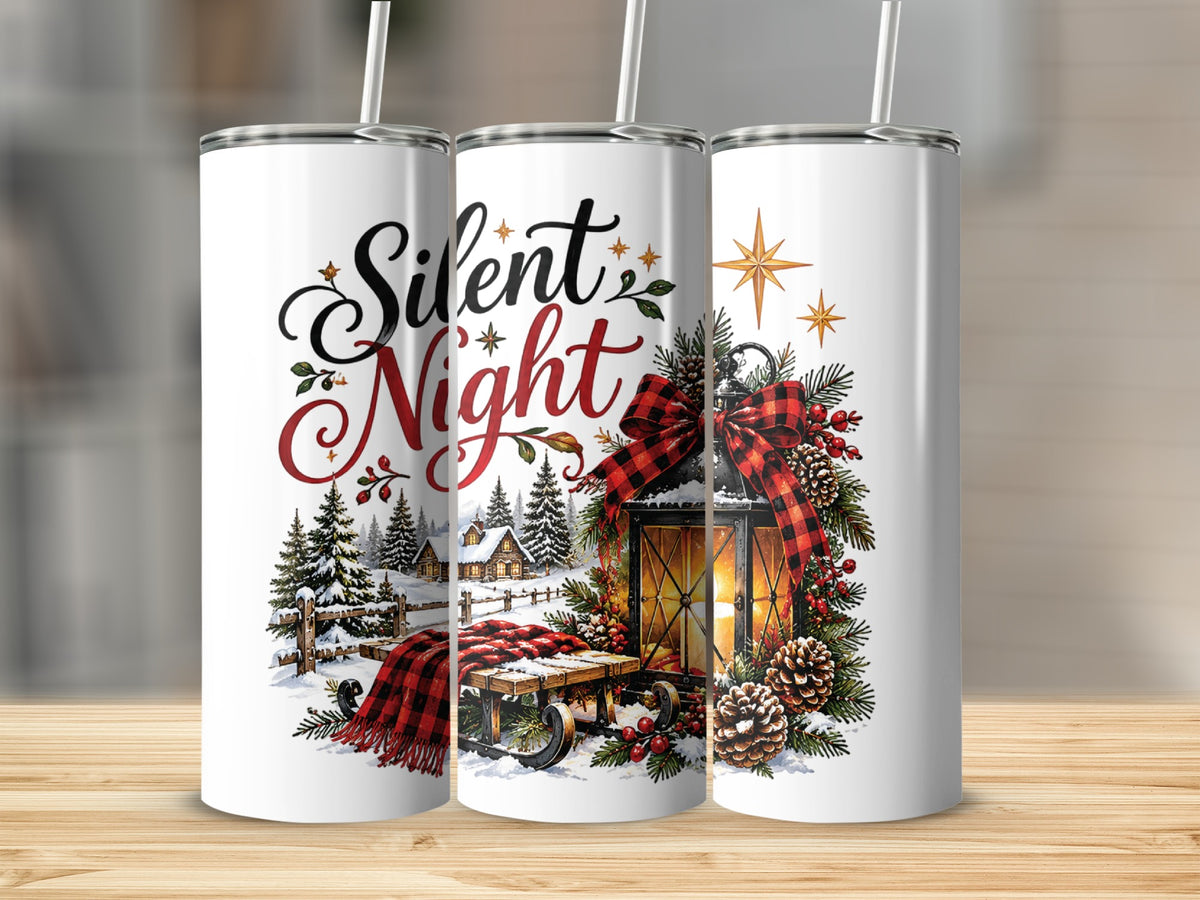 Three white travel tumblers featuring a Silent Night Christmas design with a lantern, snow scene, and red plaid accents.