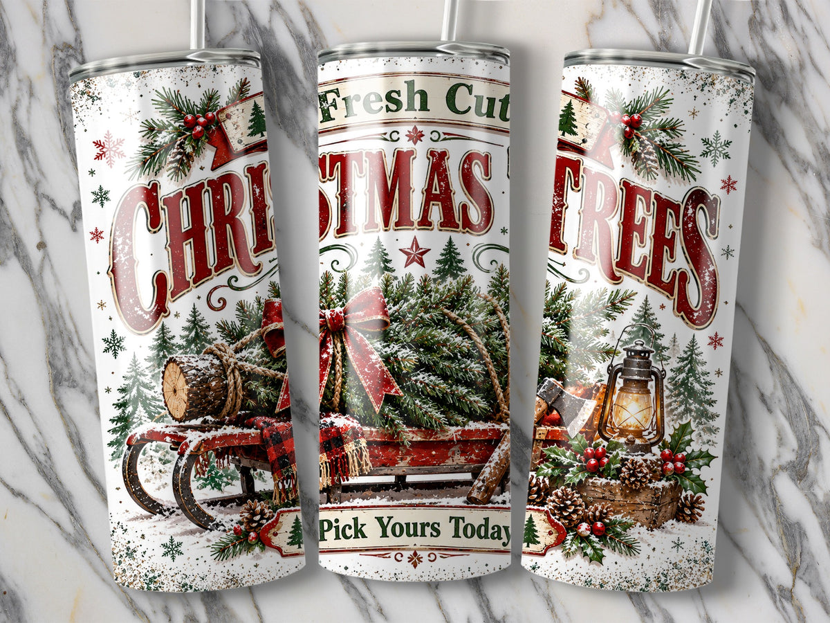 Three tall tumblers display a vintage Christmas tree farm design with red typography, pine branches, and a snow-covered sled.