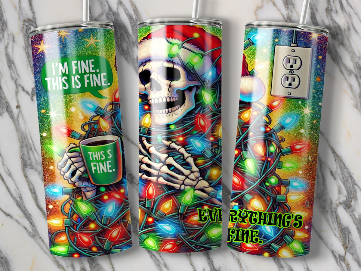 Three views of a stainless steel tumbler featuring a skeleton in a Santa hat, wrapped in Christmas lights, holding a green mug, with the text "This is fine."