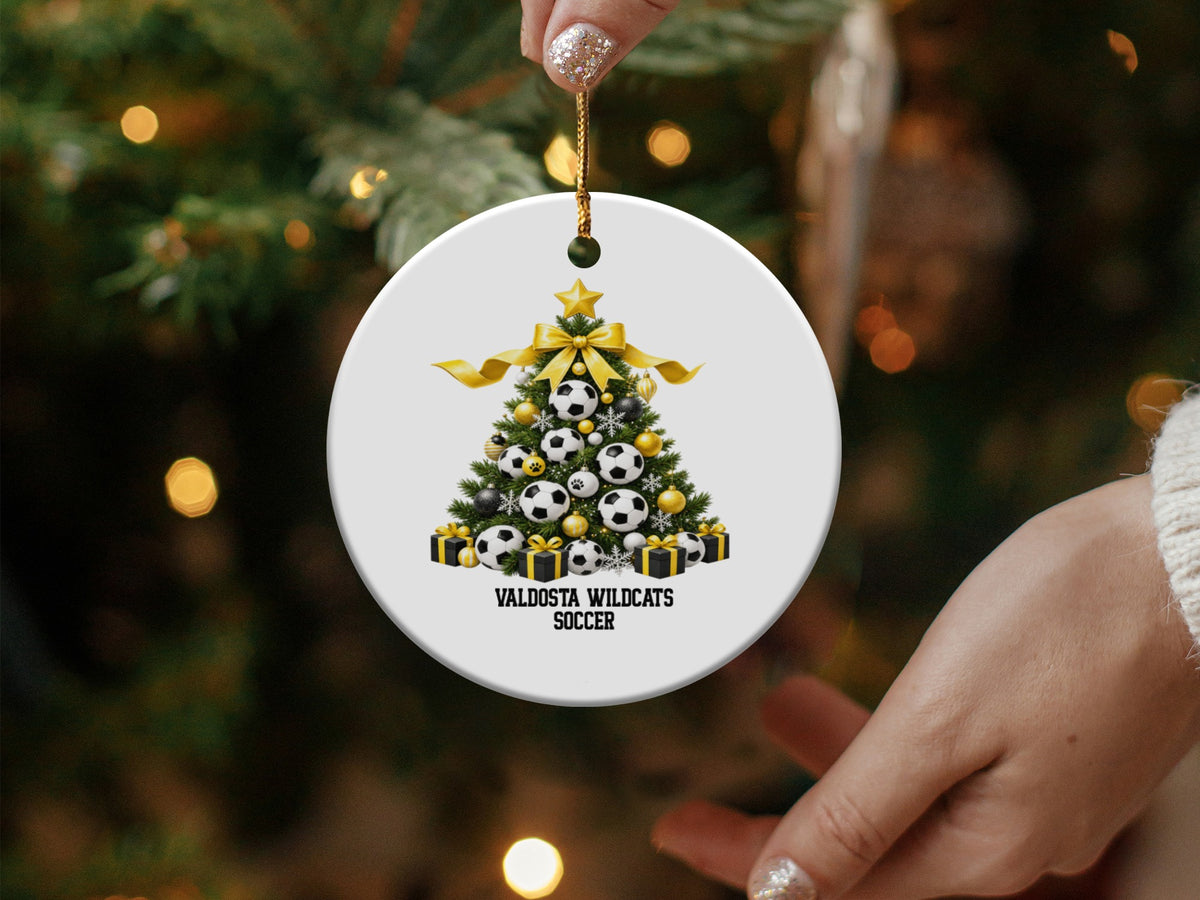 Valdosta Wildcats Soccer Christmas ornament with a tree decorated with soccer balls.