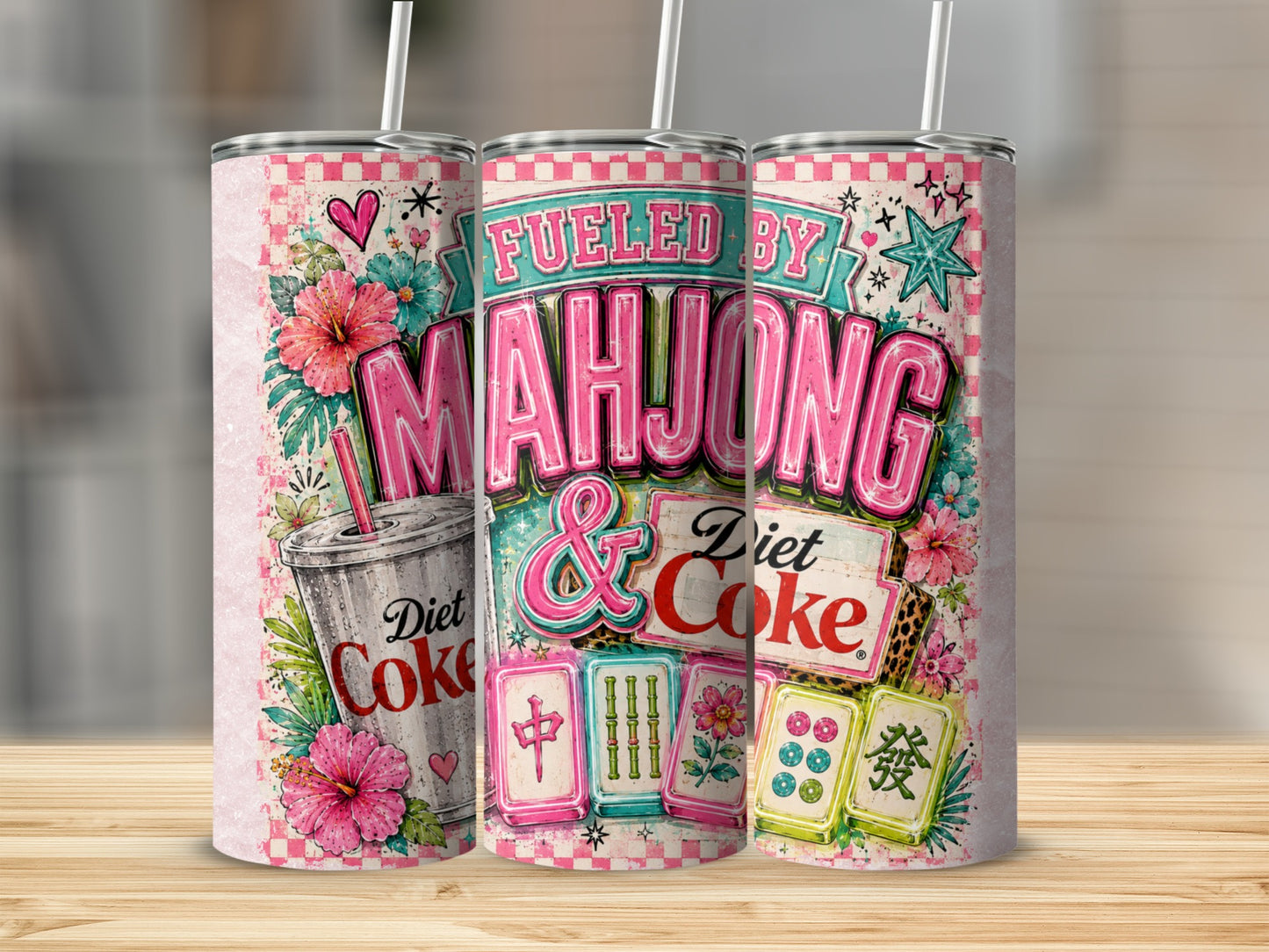 Tumbler design with "Fueled by Mahjong & Diet Coke" text and mahjong tiles.