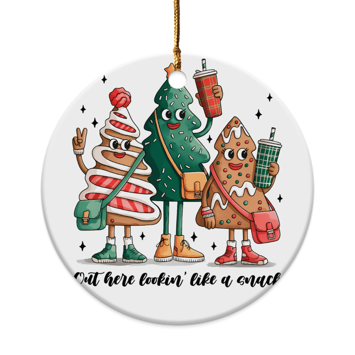 Three cartoon Christmas trees with faces, drinks, and bags, saying "Out here lookin' like a snack."