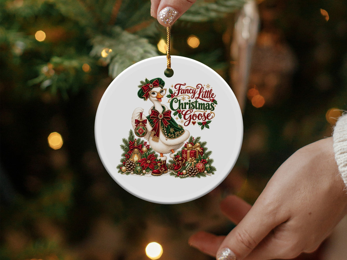 Round ornament with "Fancy Little Christmas Goose" text and festive goose illustration.