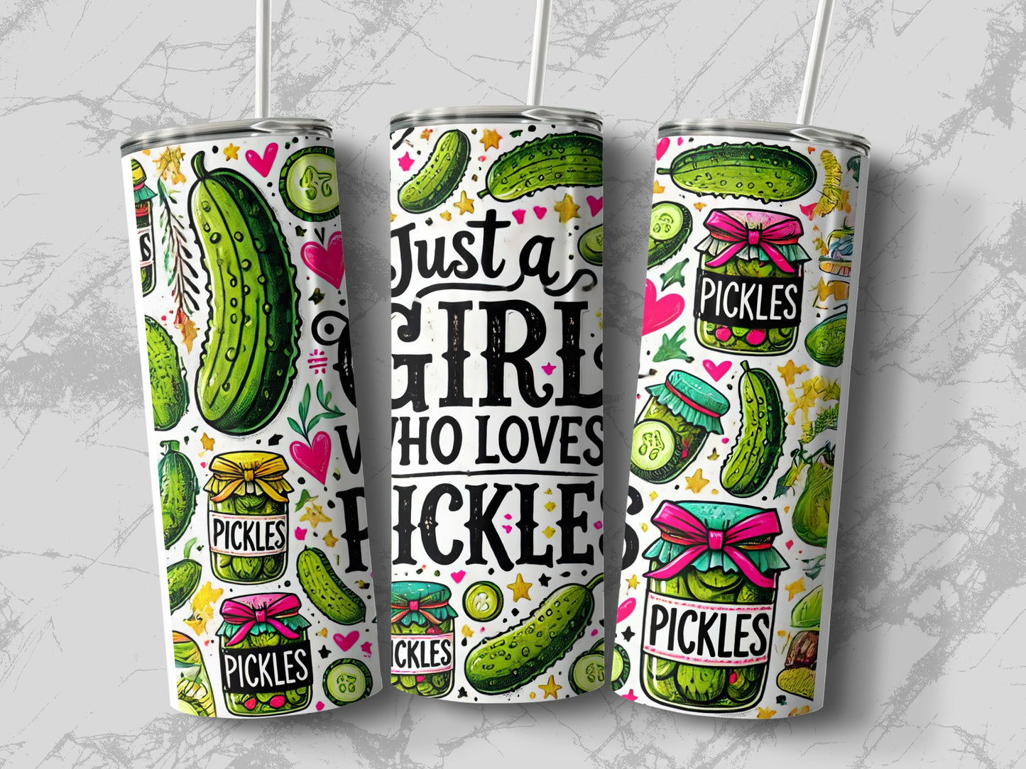 Three tumblers decorated with pickles, hearts, and the text "Just a girl who loves pickles."