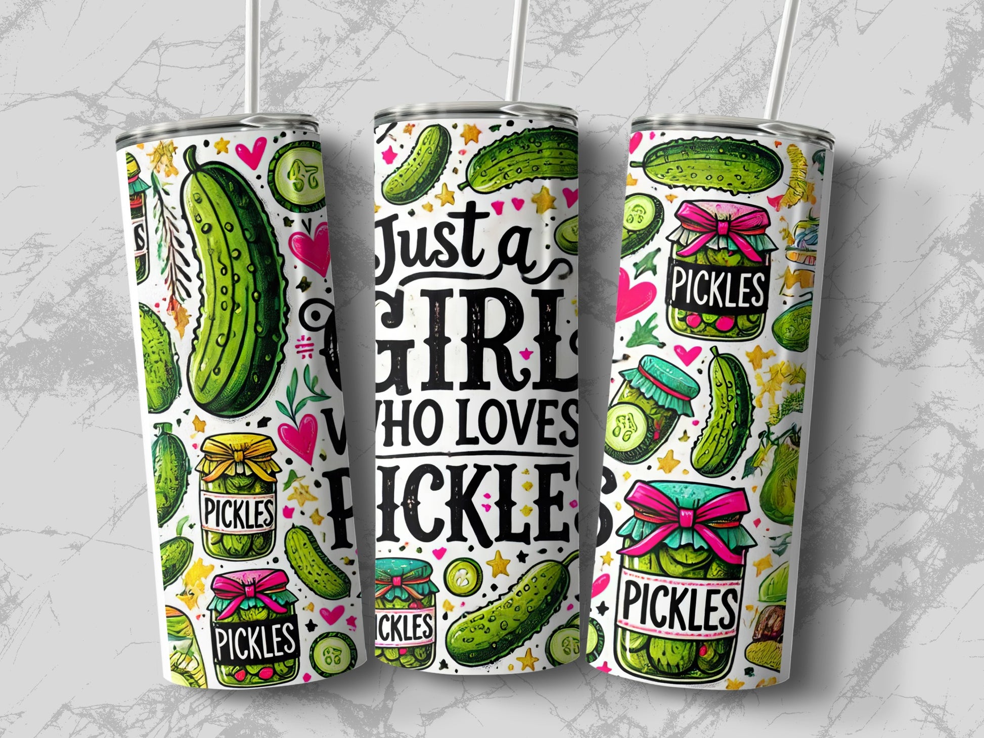 Three tumblers decorated with pickles, hearts, and the text "Just a girl who loves pickles."