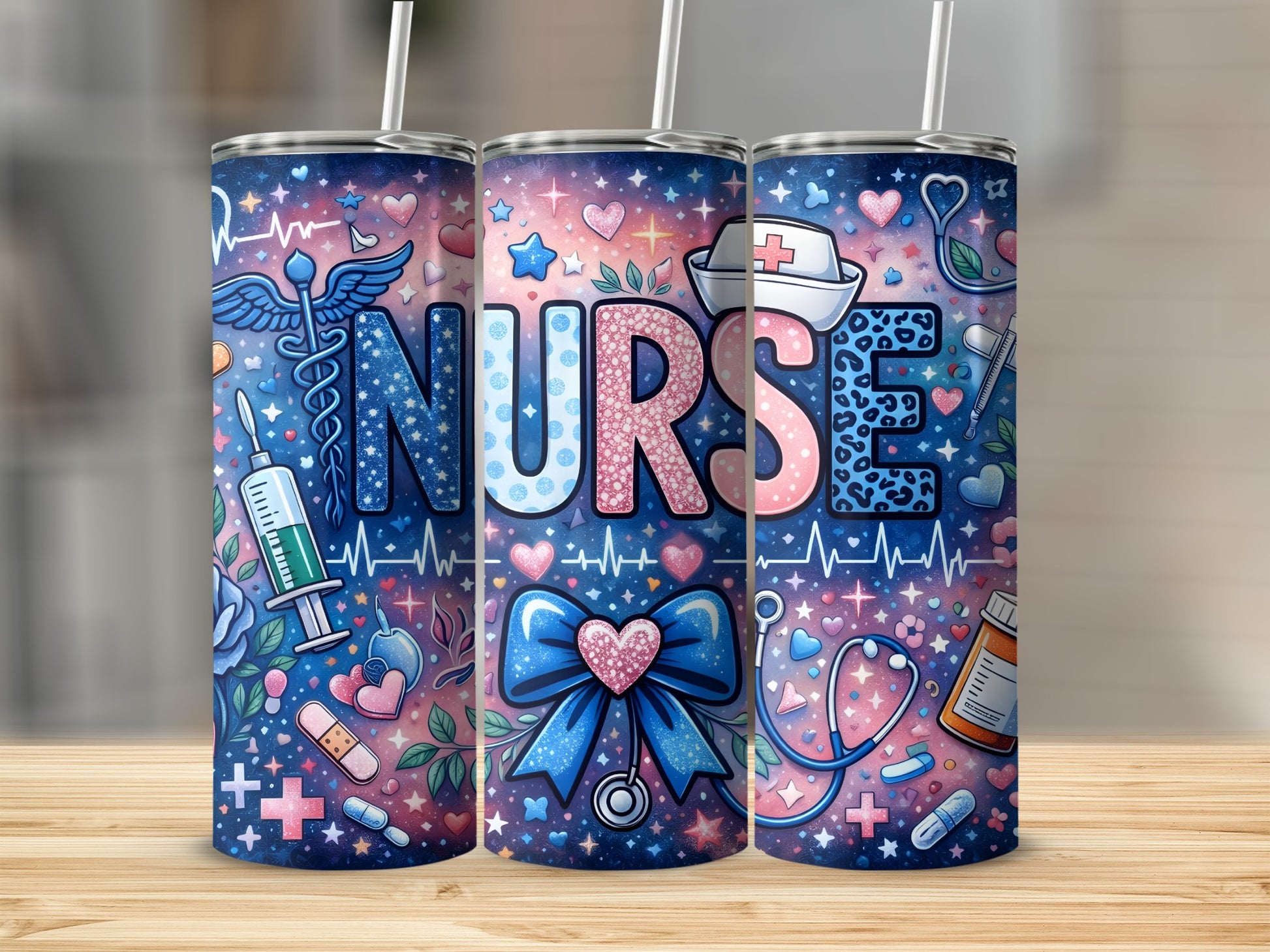 Pink, blue, and sparkly nurse tumbler with medical icons and "Nurse" text.