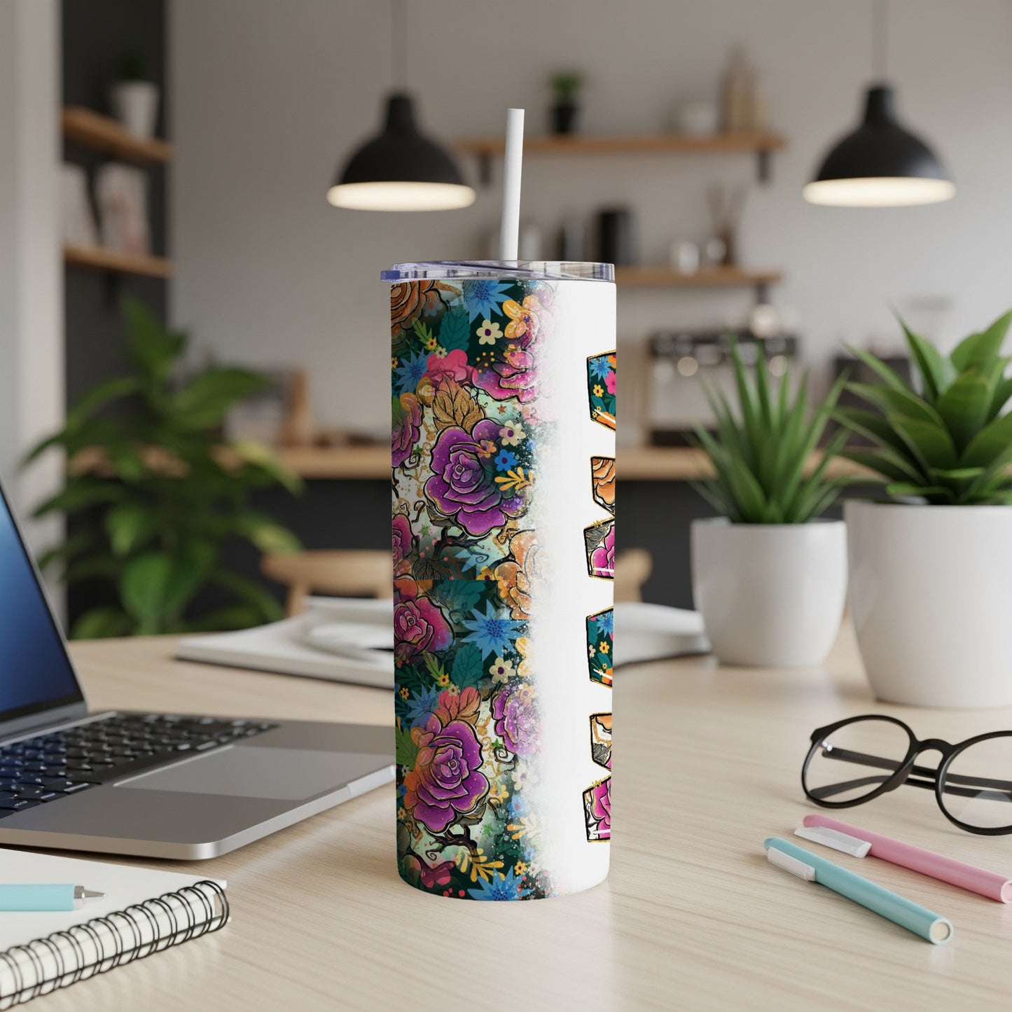 Vibrant Floral Pattern Insulated Tumbler with Straw