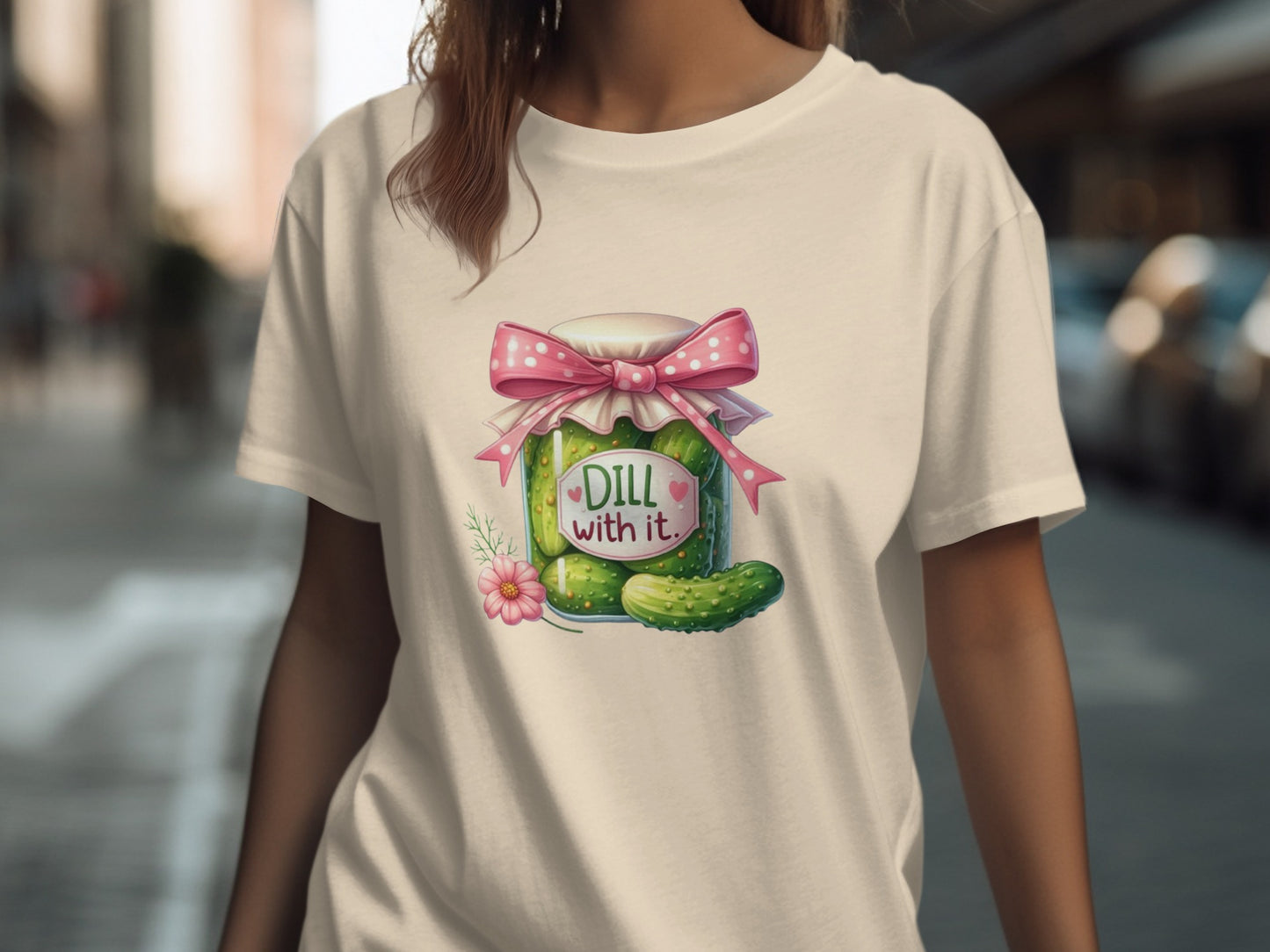 T-shirt with a dill pickle jar design and the text "Dill with it."