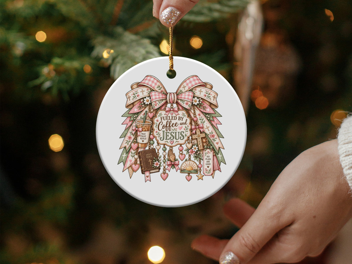 Round ornament with "Fueled by Coffee and Jesus" text, Bible, and cross.