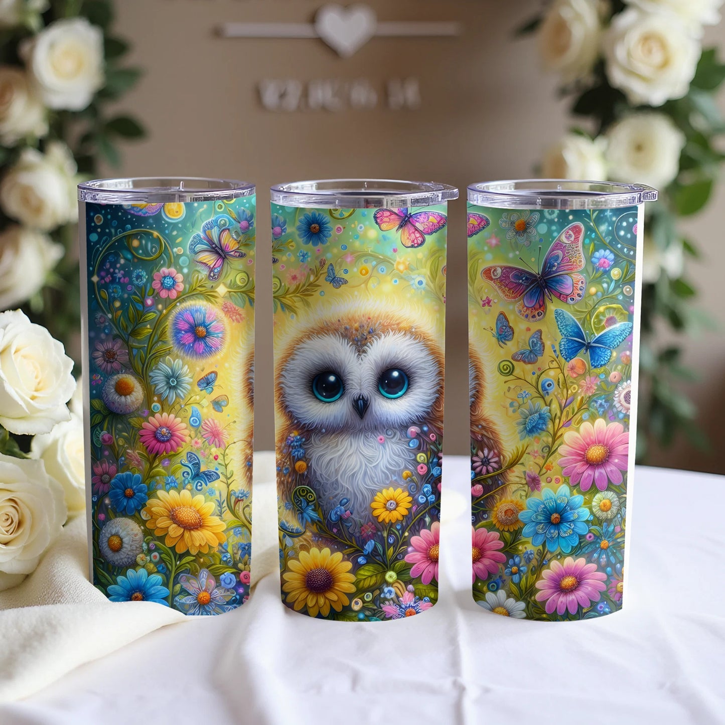 Three tumblers with owl and floral butterfly designs displayed on a table.